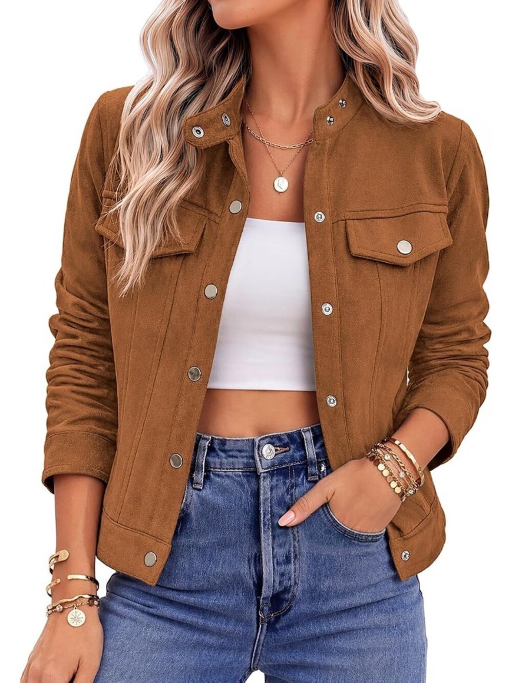 Women Light Brown Suede Long Sleeve Button Down Cropped Jacket Streetwear Casual